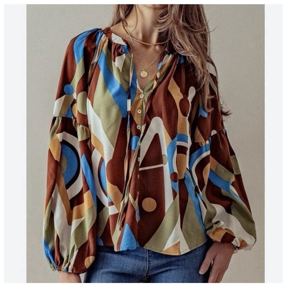 August Sky RTH2011 Blouse Small Abstract Geometric Balloon Sleeve Tie Neck